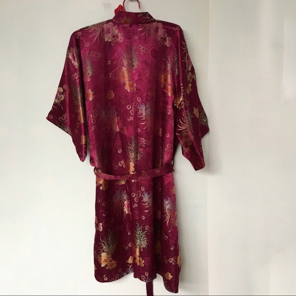 GOLDEN DRAGON kimono robe Size XL -14 Burgundy floral silky polyester - Picture 6 of 10